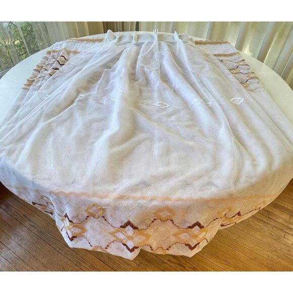 Vintage 70s curtain, white mesh, brown tan embroidered groovy, single panel - Picture 6 of 10